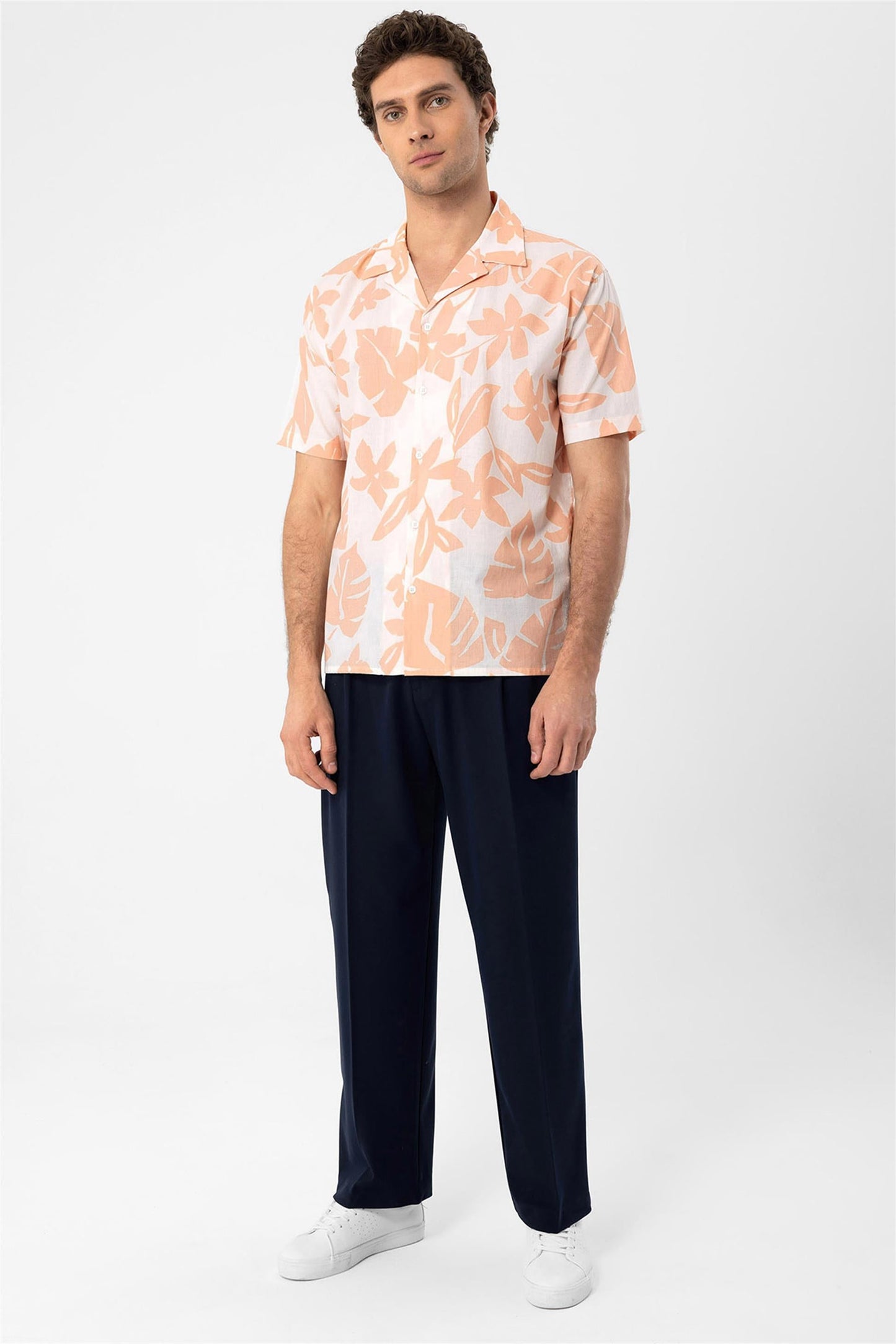 Men's Orange Floral Patterned Top Collar Shirt