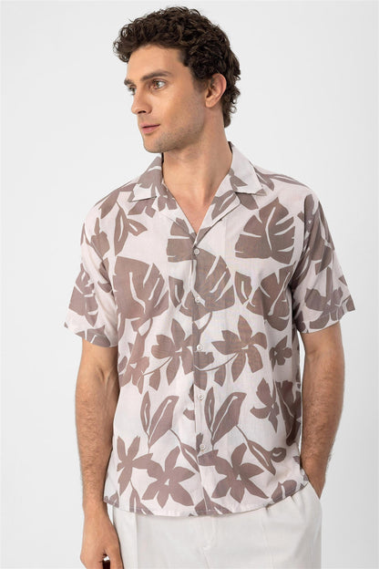 Men's Black Floral Patterned Top Collar Shirt