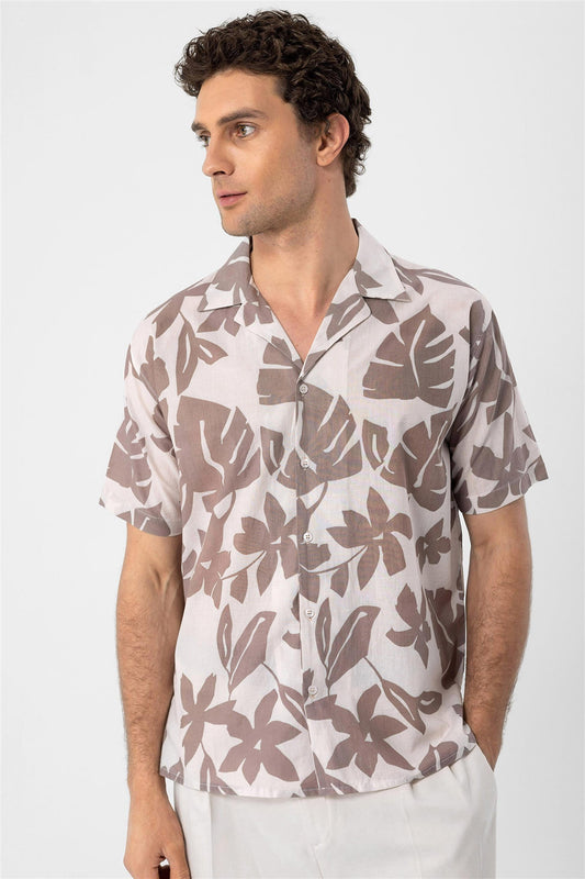 Men's Black Floral Patterned Top Collar Shirt