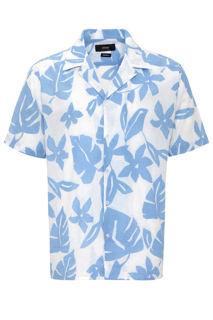 Men's Blue Floral Patterned Top Collar Shirt
