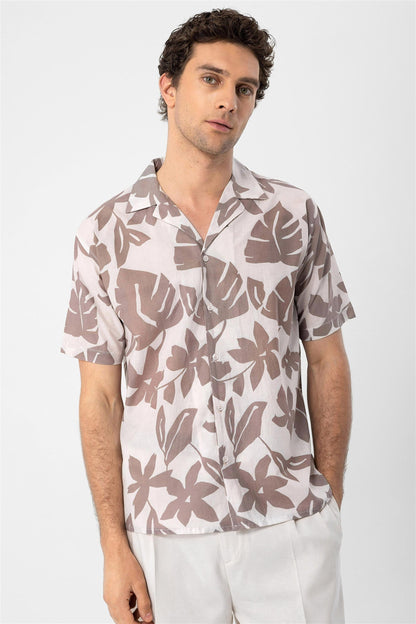 Men's Black Floral Patterned Top Collar Shirt