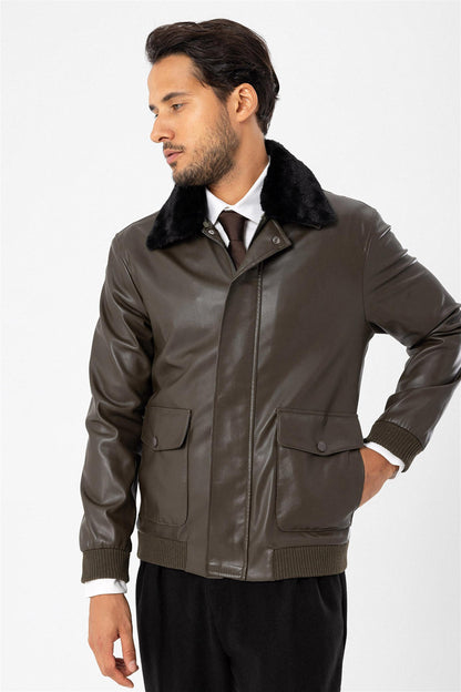 Men's Khaki Double Pocket Fur Collar Leather Coat