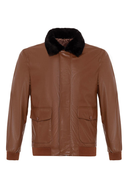 Men's Brown Double Pocket Fur Collar Leather Coat