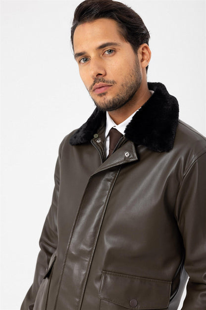 Men's Khaki Double Pocket Fur Collar Leather Coat