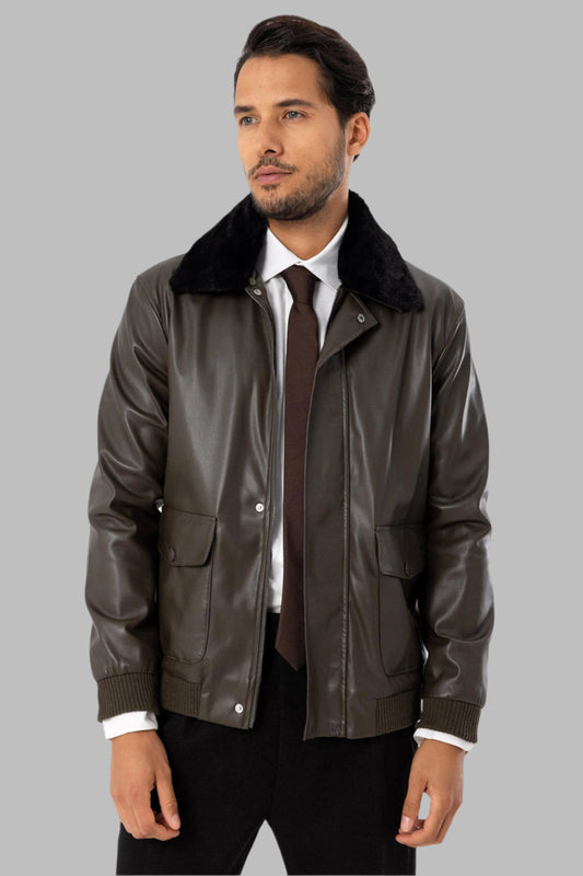 Men's Khaki Double Pocket Fur Collar Leather Coat