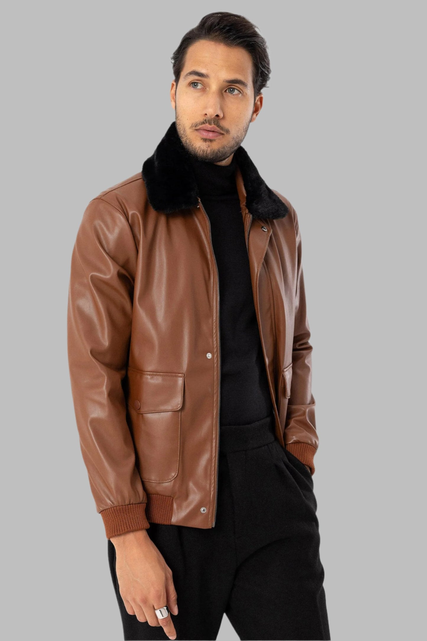 Men's Brown Double Pocket Fur Collar Leather Coat
