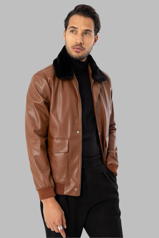 Men's Brown Double Pocket Fur Collar Leather Coat
