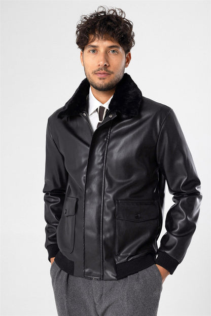 Men's Black Double Pocket Fur Collar Leather Coat