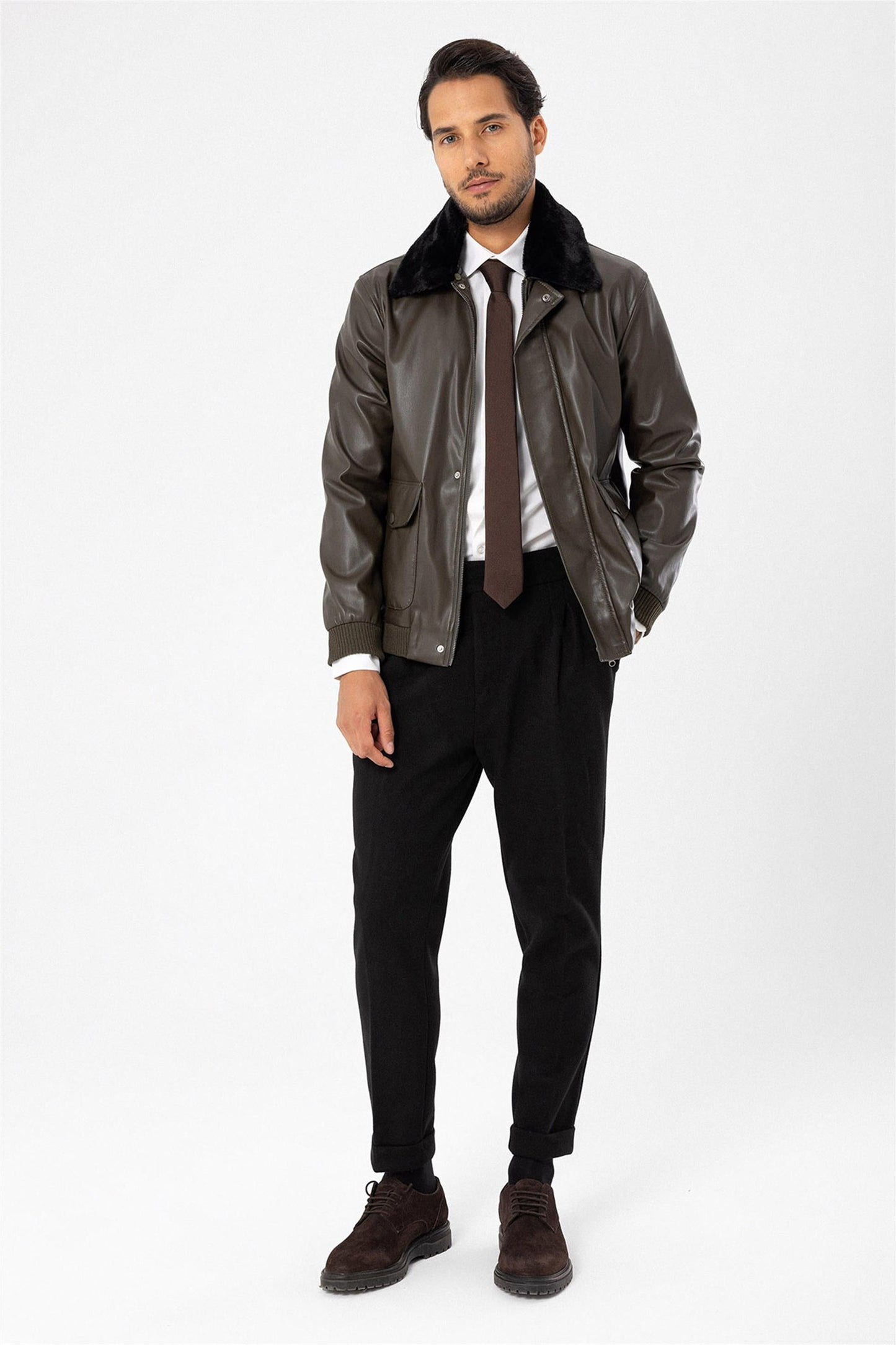 Men's Khaki Double Pocket Fur Collar Leather Coat