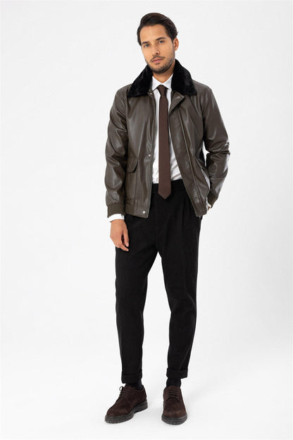 Men's Khaki Double Pocket Fur Collar Leather Coat