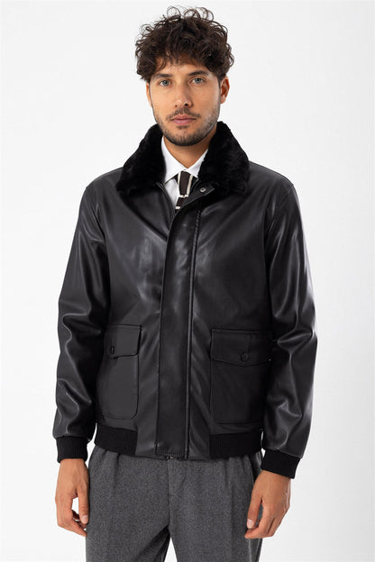 Men's Black Double Pocket Fur Collar Leather Coat
