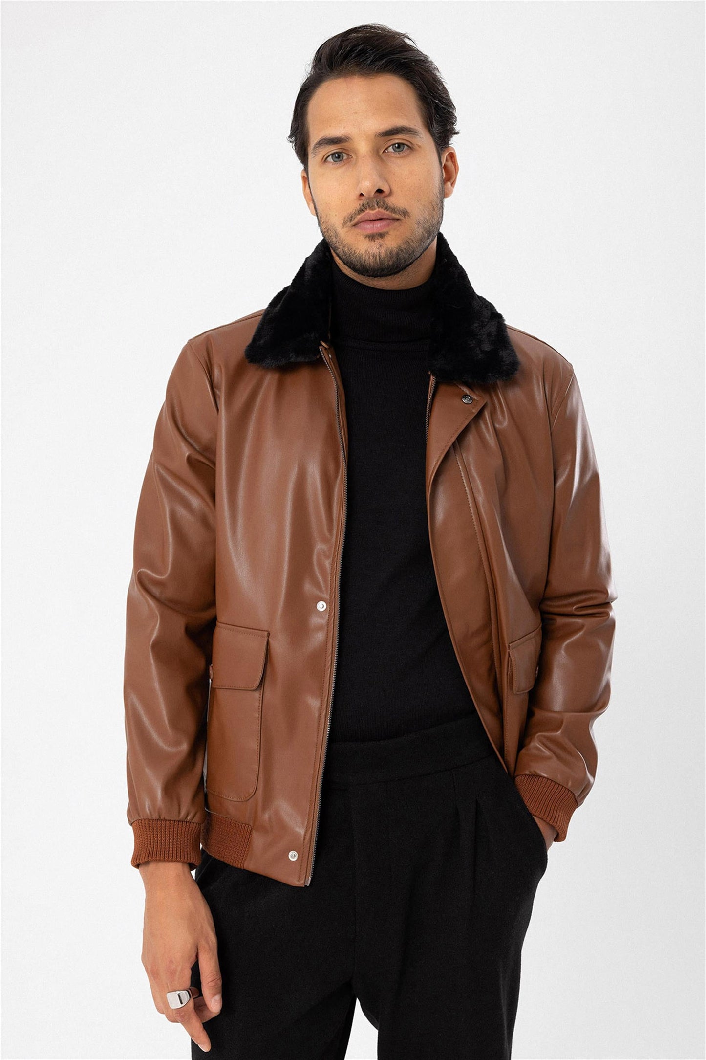 Men's Brown Double Pocket Fur Collar Leather Coat