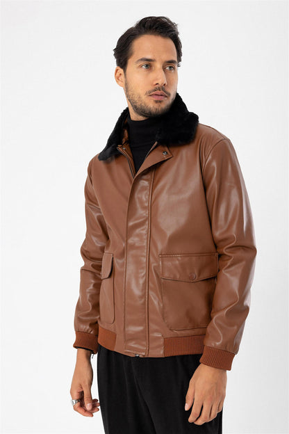 Men's Brown Double Pocket Fur Collar Leather Coat