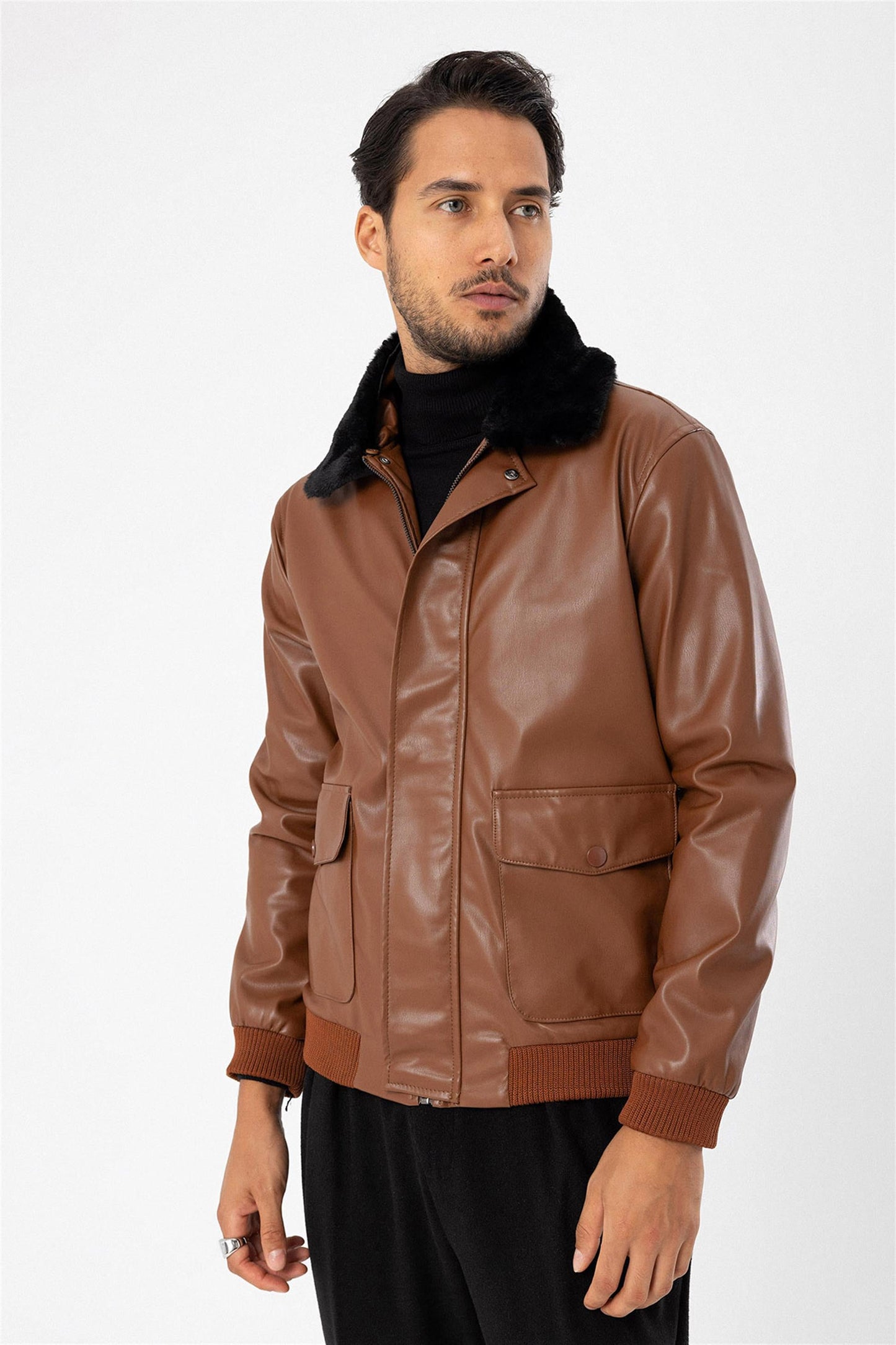 Men's Brown Double Pocket Fur Collar Leather Coat