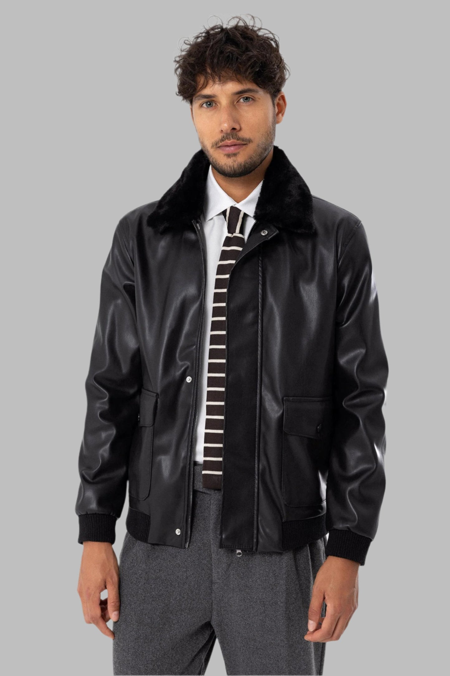 Men's Black Double Pocket Fur Collar Leather Coat