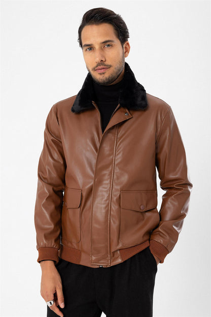 Men's Brown Double Pocket Fur Collar Leather Coat