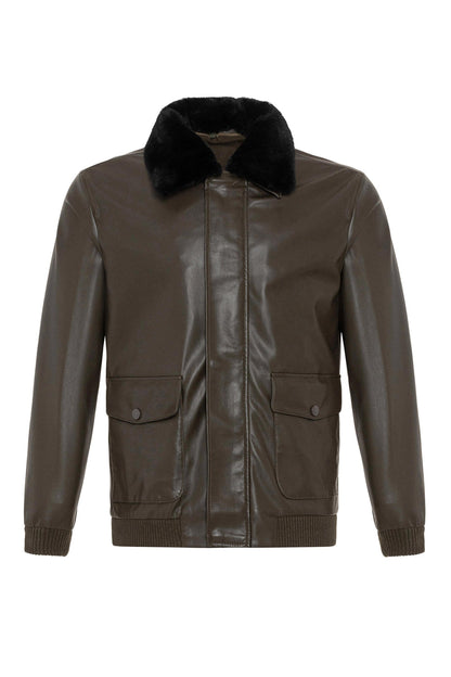 Men's Khaki Double Pocket Fur Collar Leather Coat