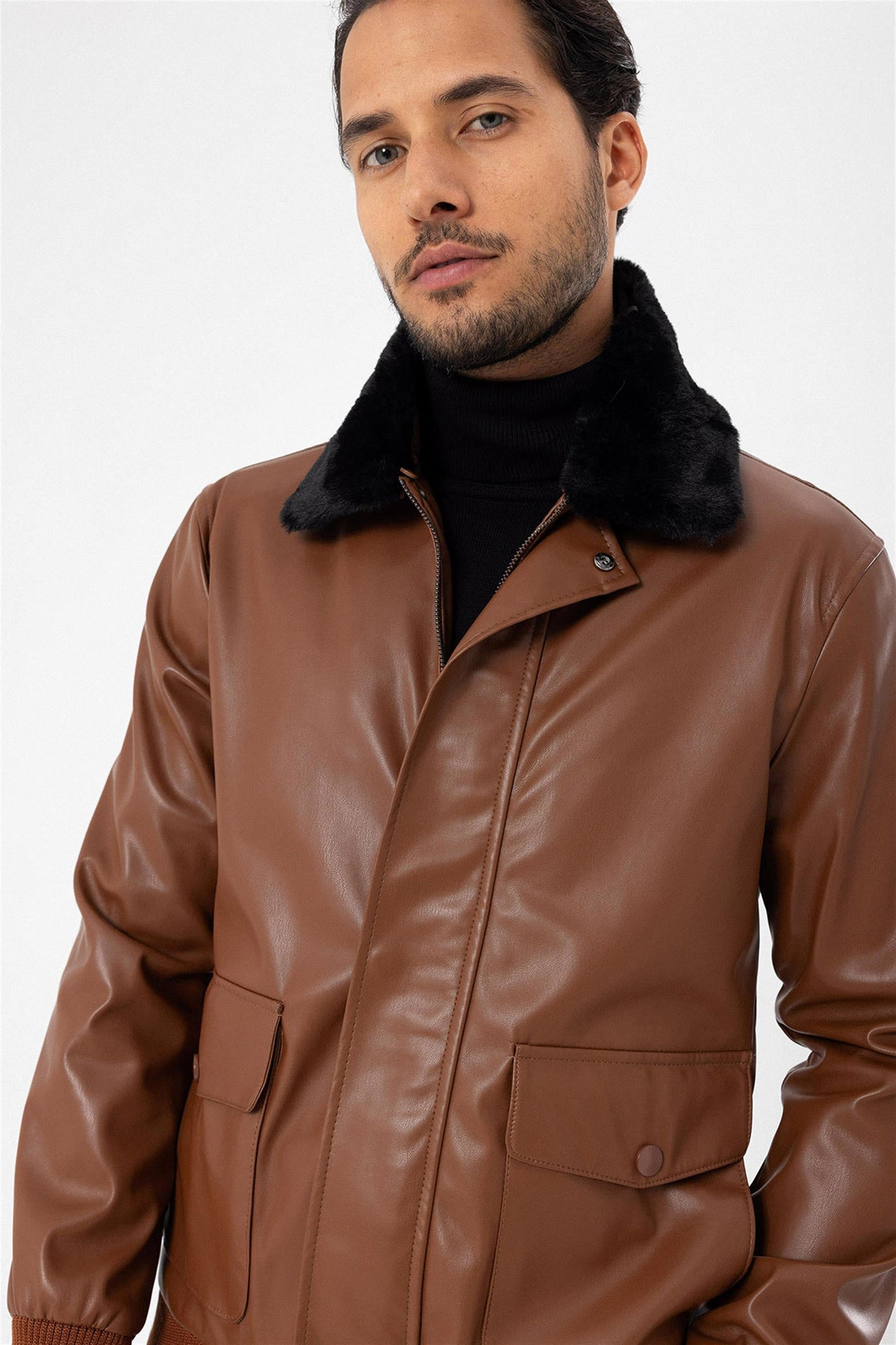 Men's Brown Double Pocket Fur Collar Leather Coat