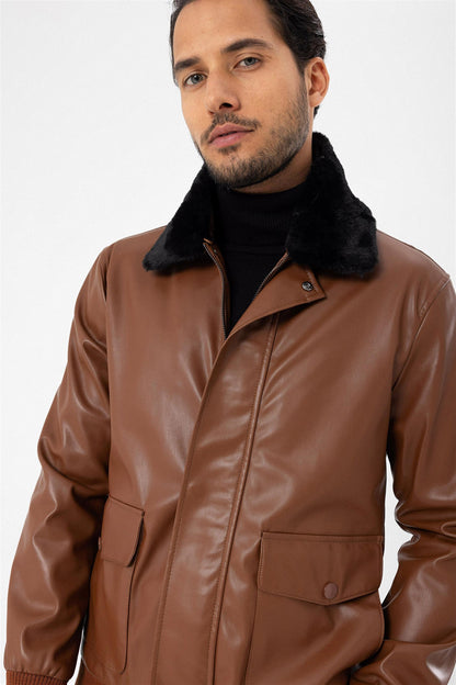 Men's Brown Double Pocket Fur Collar Leather Coat