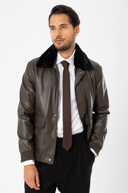 Men's Khaki Double Pocket Fur Collar Leather Coat
