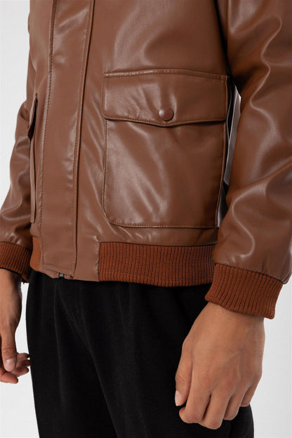 Men's Brown Double Pocket Fur Collar Leather Coat