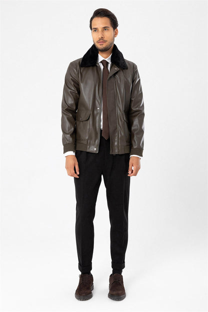 Men's Khaki Double Pocket Fur Collar Leather Coat