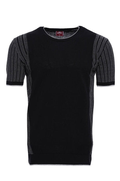 Circle Neck Patterned Black Knitted T-Shirt