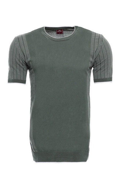 Circle Neck Patterned Green Knitted T-Shirt