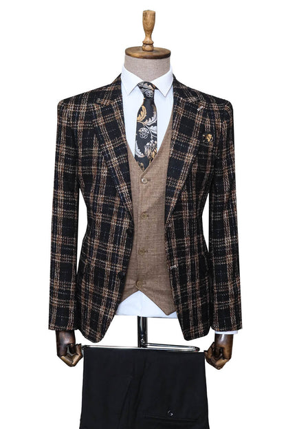 Black Plaid Jacket, Beige Vest, White Shirt, and Black Trousers Combo Modern Classic Look