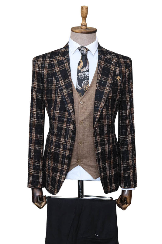 KOALA SYDNEY  Black Plaid Jacket, Beige Vest, White Shirt, and Black Trousers Combo Modern Classic Look