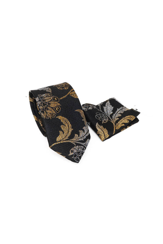 KOALA SYDNEY  Black and Gold Patterned Tie and Pocket Square Set