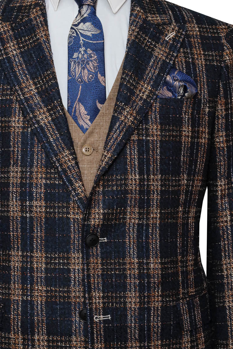 KOALA SYDNEY  Navy Blue Plaid Jacket, Beige Vest, White Shirt, and Navy Blue Trousers Combo - Modern Classic Look