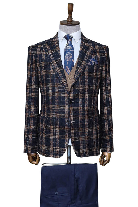 Navy Blue Plaid Jacket, Beige Vest, White Shirt, and Navy Blue Trousers Combo Modern Classic Look
