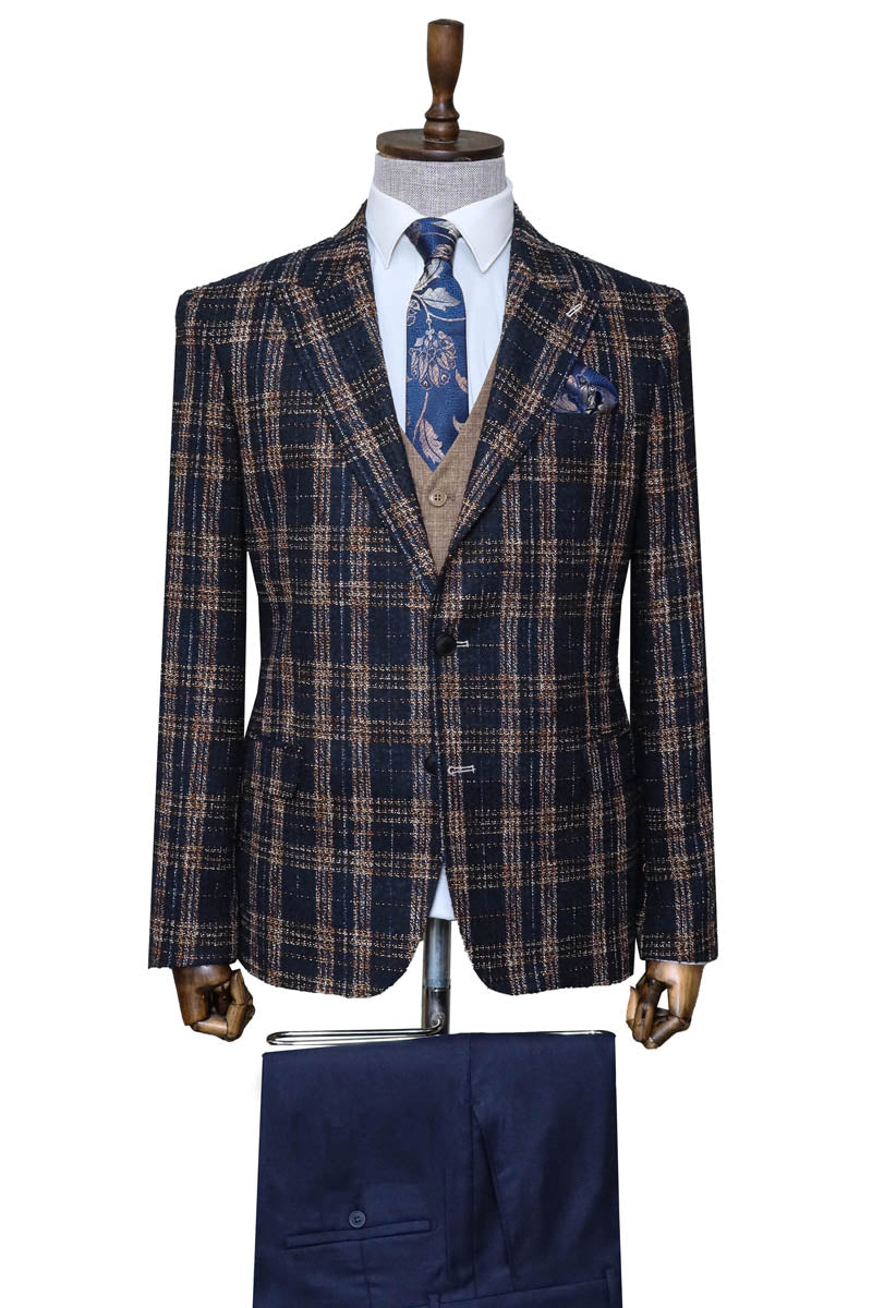Navy Blue Plaid Jacket, Beige Vest, White Shirt, and Navy Blue Trousers Combo Modern Classic Look