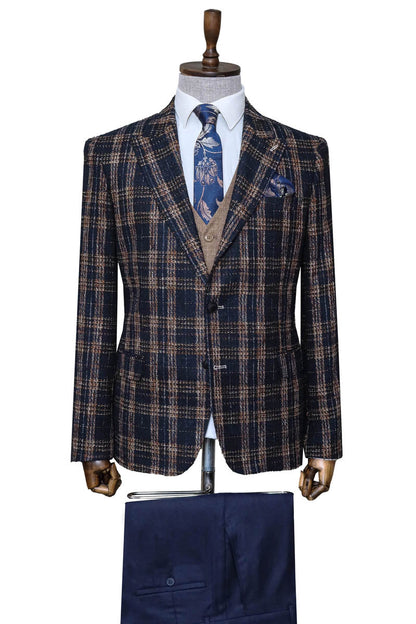 Navy Blue Plaid Jacket, Beige Vest, White Shirt, and Navy Blue Trousers Combo Modern Classic Look