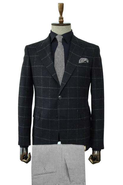Black Checkered Blazer, Black Shirt, Gray Trousers, and Textured Tie Combination - Prestigious Men's Fashion