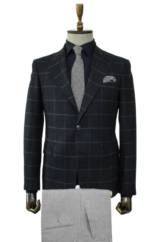 KOALA SYDNEY  Black Checkered Blazer, Black Shirt, Gray Trousers, and Textured Tie Combination - Prestigious Men's Fashion