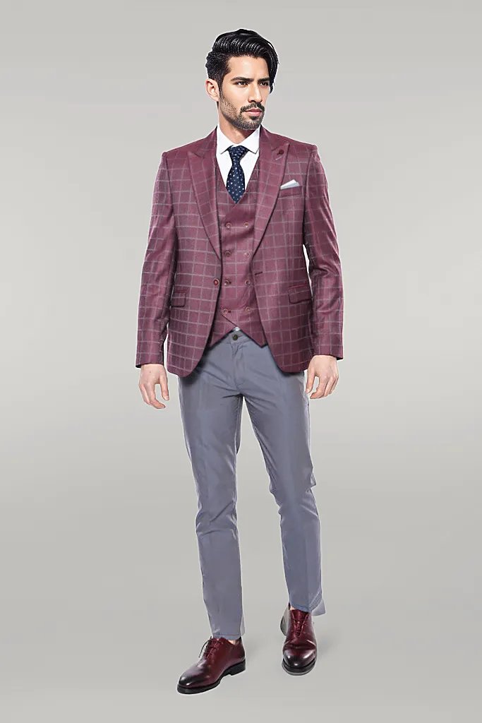 KOALA SYDNEY  Combined Vested Burgundy Plaid Men's Suit -