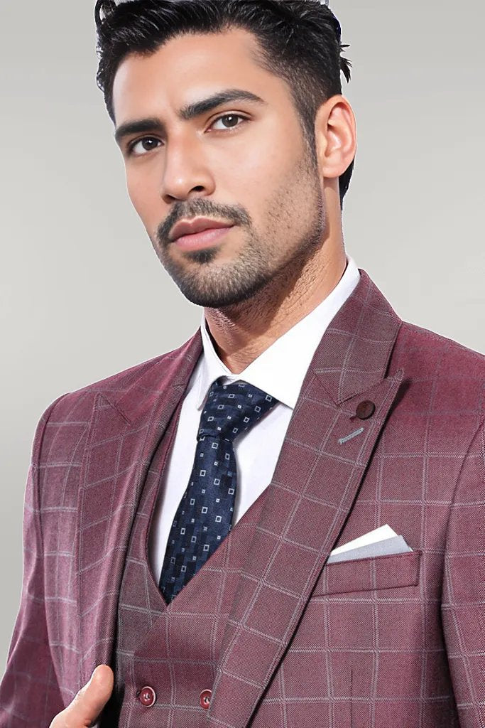 KOALA SYDNEY  Combined Vested Burgundy Plaid Men's Suit -