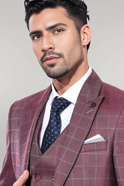 KOALA SYDNEY  Combined Vested Burgundy Plaid Men's Suit -