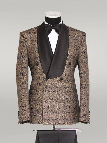 KOALA SYDNEY Brocade Double-Breasted Satin Lapel Gold and Black Men's Tuxedo with Bow Tie