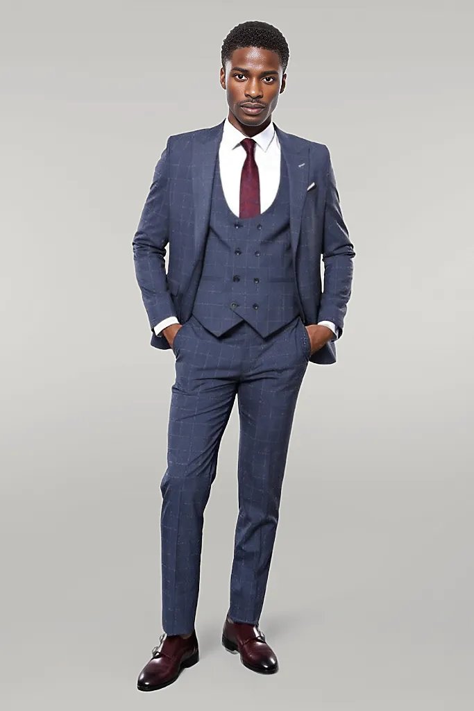 KOALA SYDNEY  Dark Blue Vested Checked Men Suit |