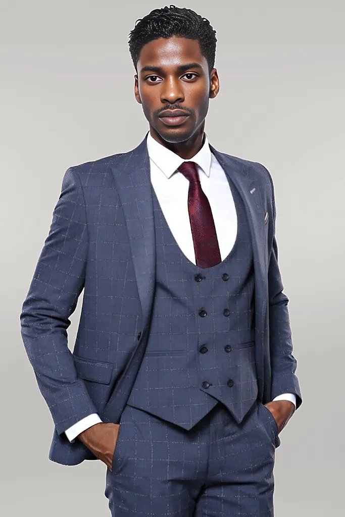 KOALA SYDNEY  Dark Blue Vested Checked Men Suit |