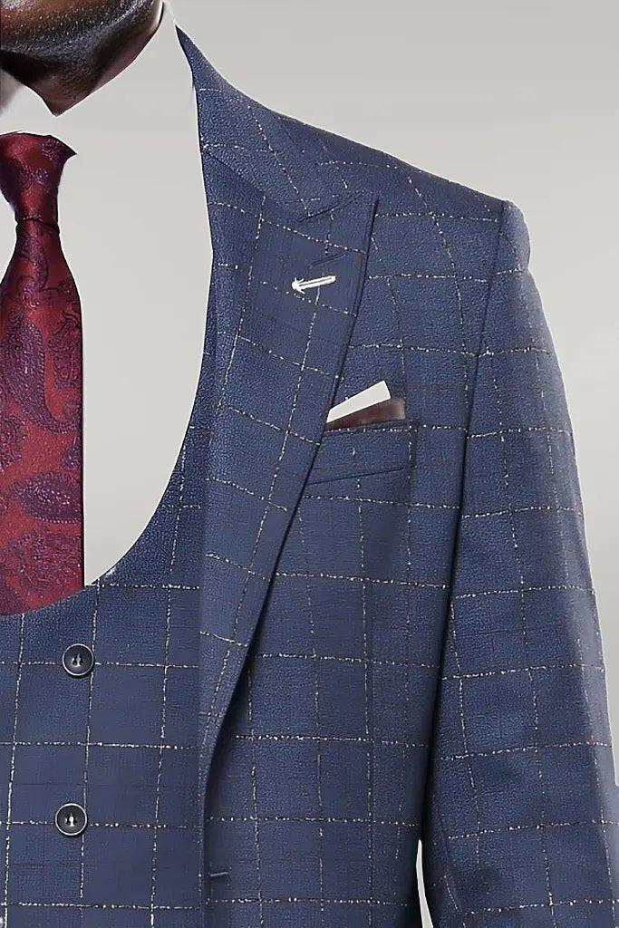 KOALA SYDNEY  Dark Blue Vested Checked Men Suit |