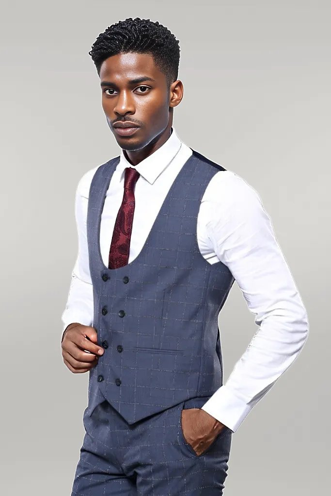 KOALA SYDNEY  Dark Blue Vested Checked Men Suit |