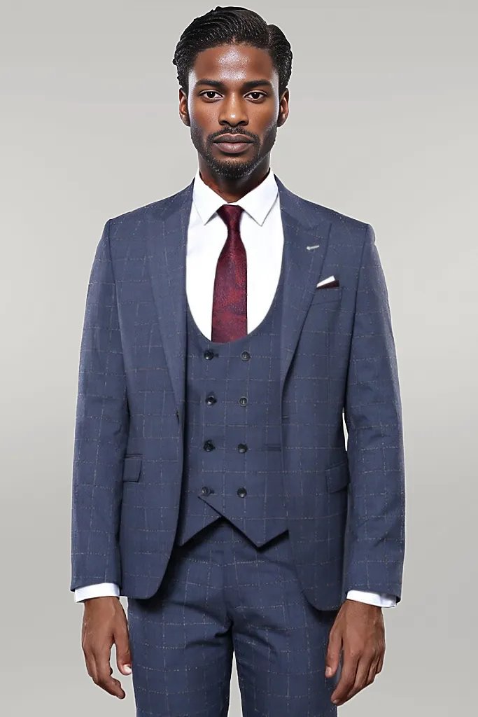 KOALA SYDNEY  Dark Blue Vested Checked Men Suit |