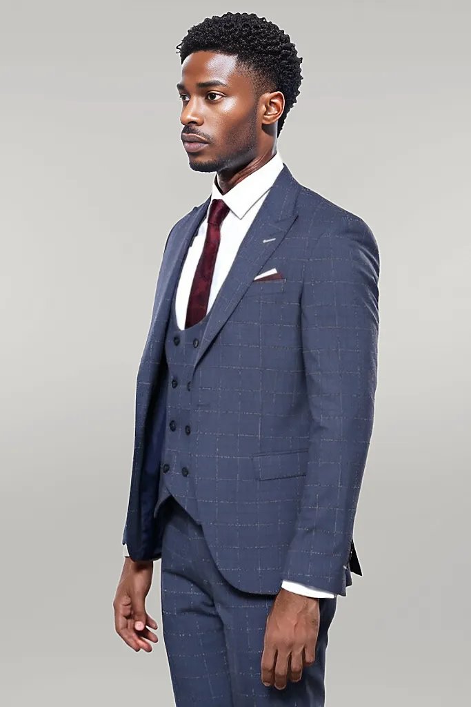 KOALA SYDNEY  Dark Blue Vested Checked Men Suit |