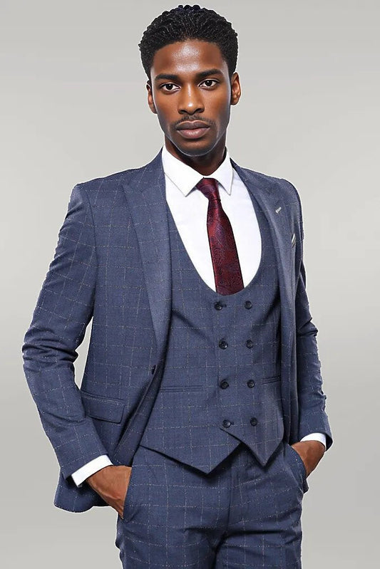 KOALA SYDNEY  Dark Blue Vested Checked Men Suit |