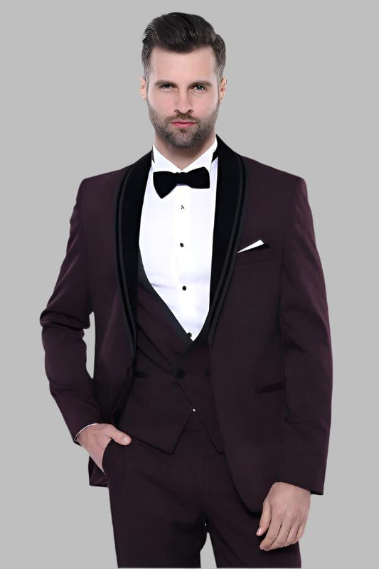 Detachable Velvet Lapel Burgundy Tuxedo - Wessi