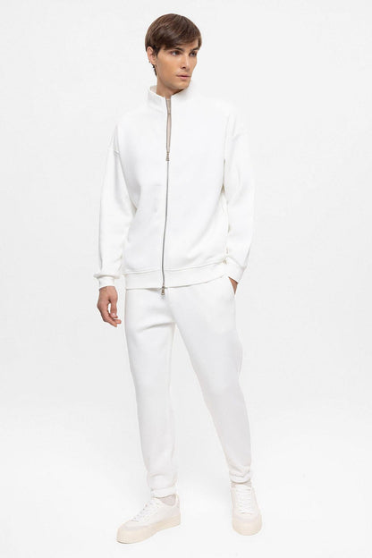 Men's Ecru High Collar Double Zipper Closure Sweatshirt